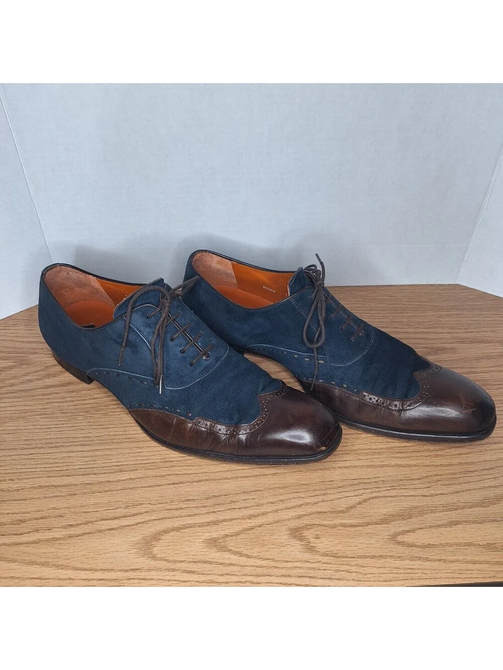 MEZLAN Men's 10.5 M Blue Suede Brown Leather Wingtip Oxford Dress Shoes Spain